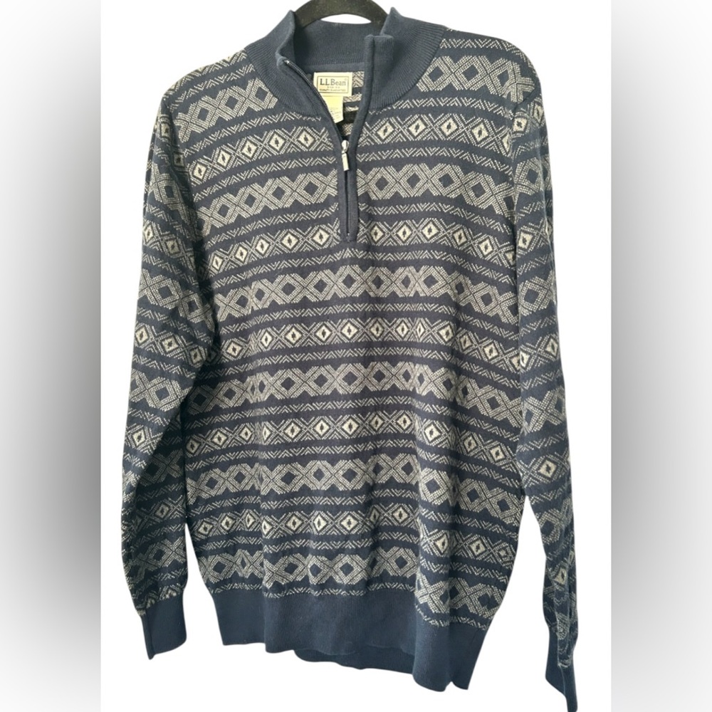 L L Bean Sweater Men's Med Mock Neck Fair Isle Cashmere Blend 1/4 Zip Pullover‎